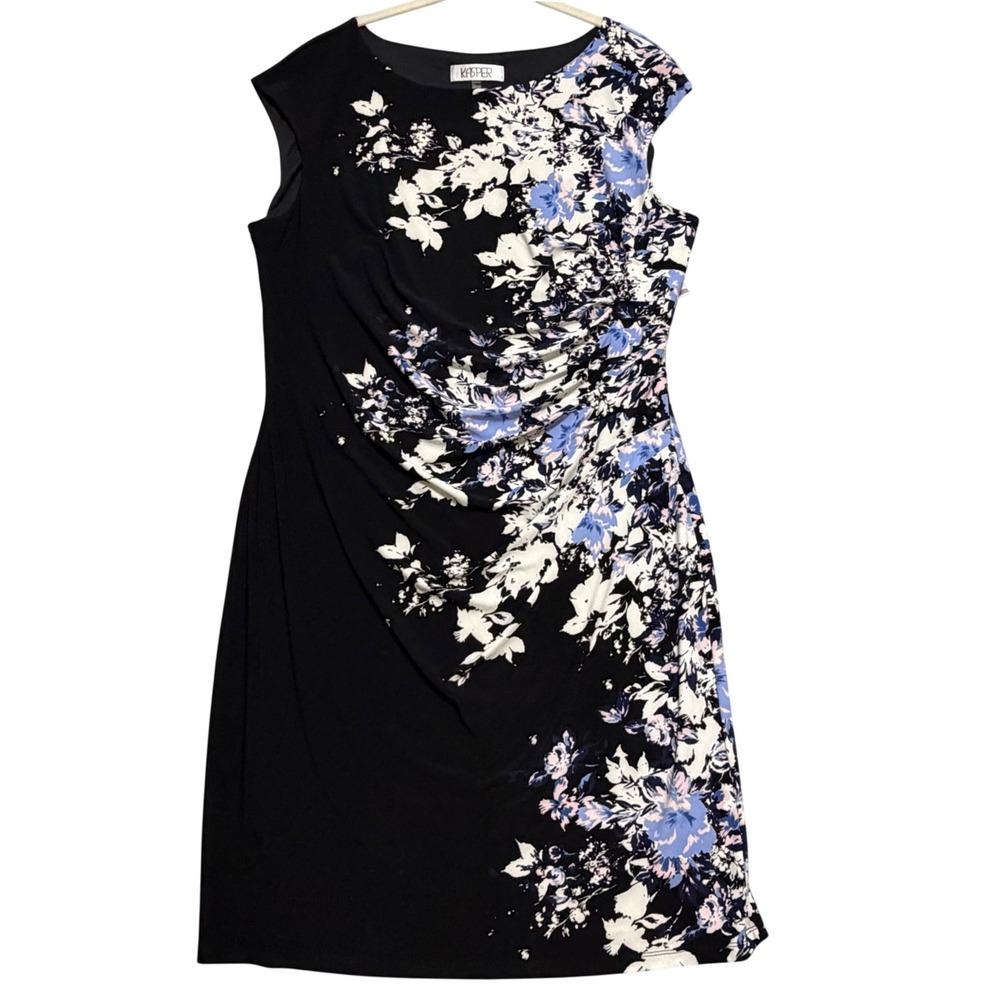 Kasper Sheath Dress Women 2X Black Blue Floral Sleeveless Side Ruche NWT